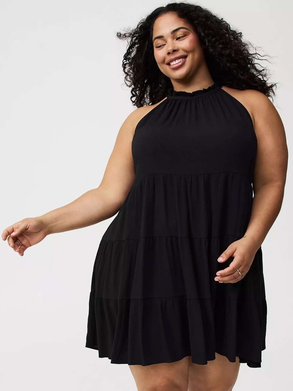 TORRID Black Mini Crinkle Guaze Tiered Halter Dress